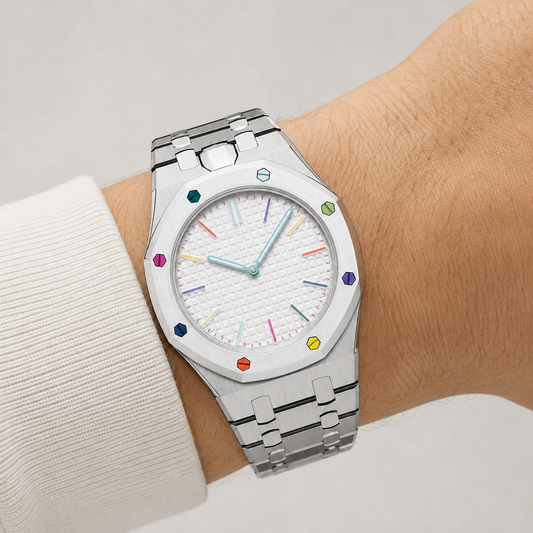 Wristform Classic Royal Popケース - シルバーブレスレット、12時位置リューズ