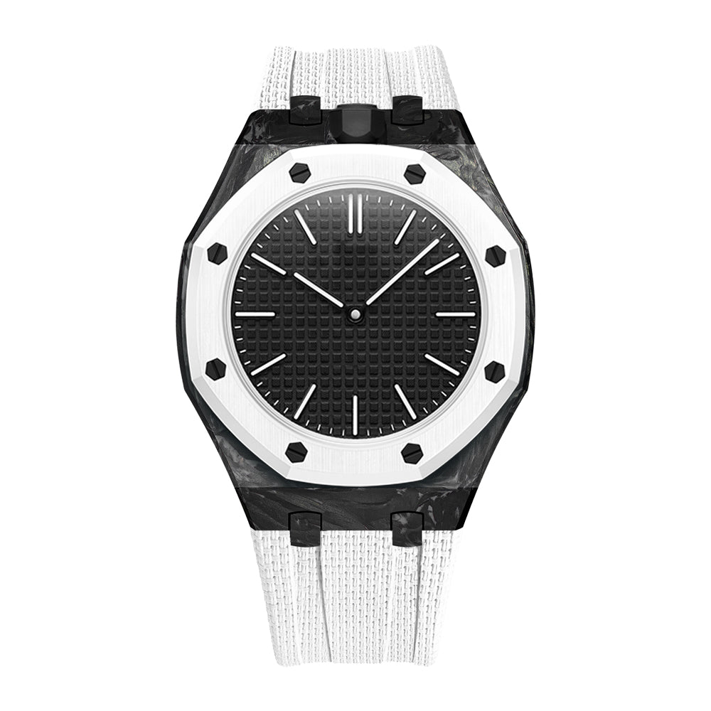 Black forged carbon fiber Royal Pop case with White FKM strap