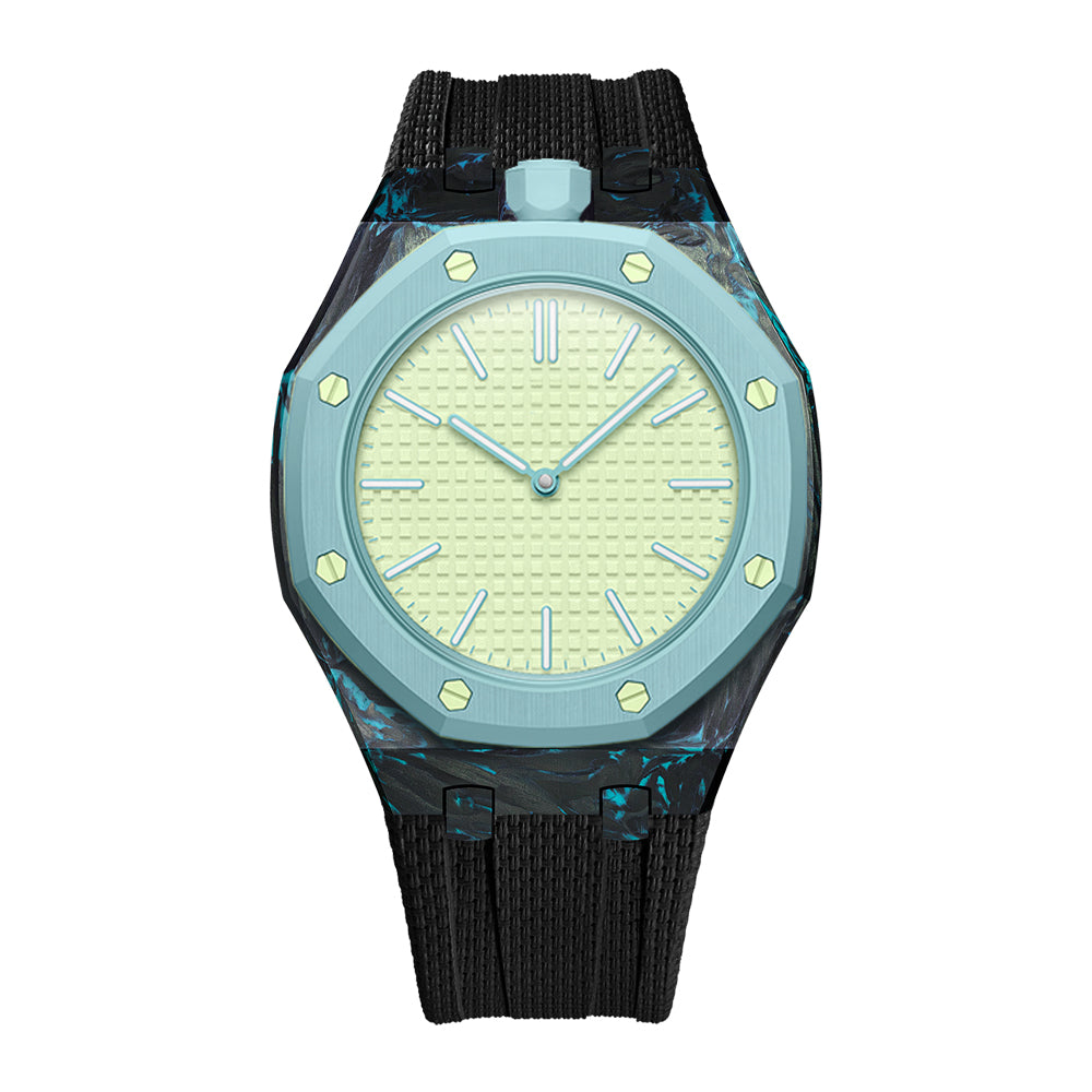 Lake Blue forged carbon fiber Royal Pop case with Black FKM strap