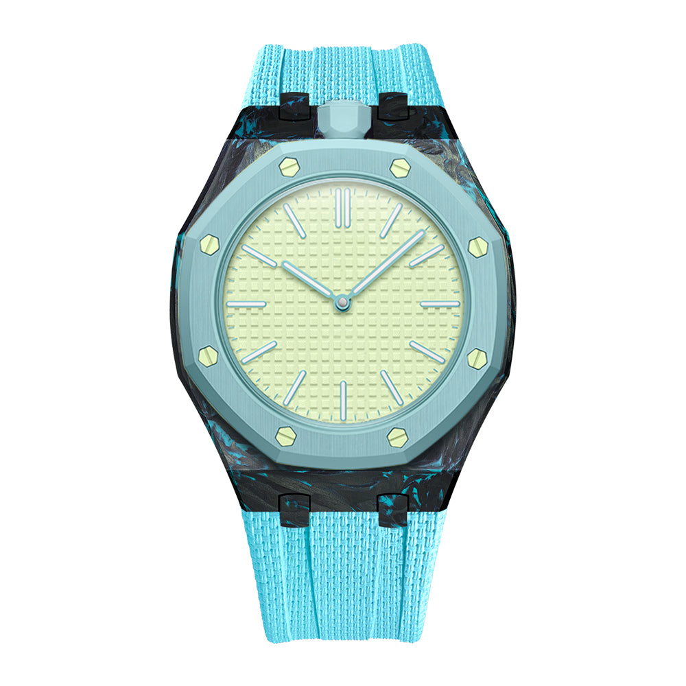 Lake Blue forged carbon fiber Royal Pop case with Lake Blue FKM strap