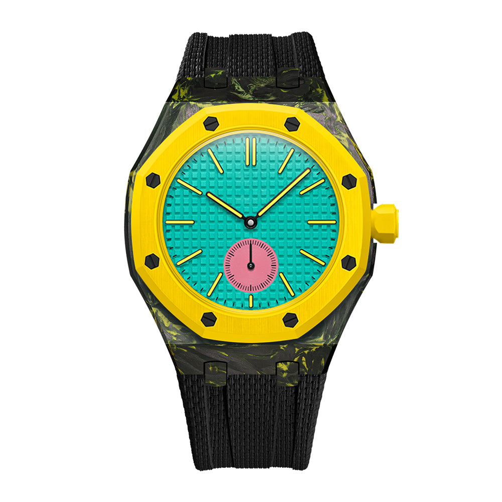 Yellow forged carbon fiber Royal Pop case with Black FKM strap
