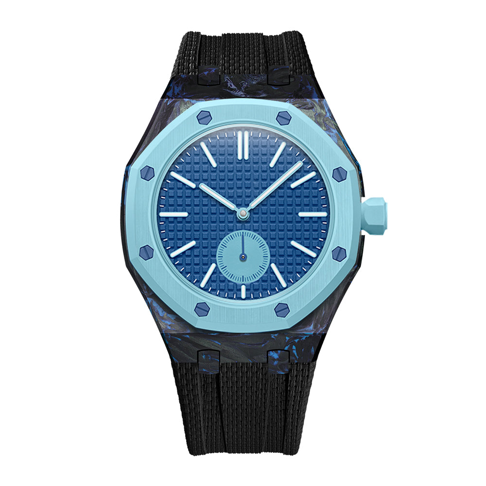 Light Blue forged carbon fiber Royal Pop case with Black FKM strap