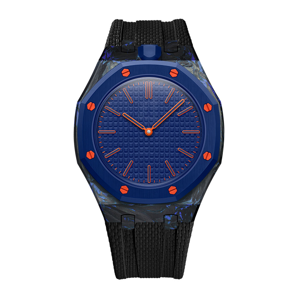 Dark Blue forged carbon fiber Royal Pop case with Black FKM strap